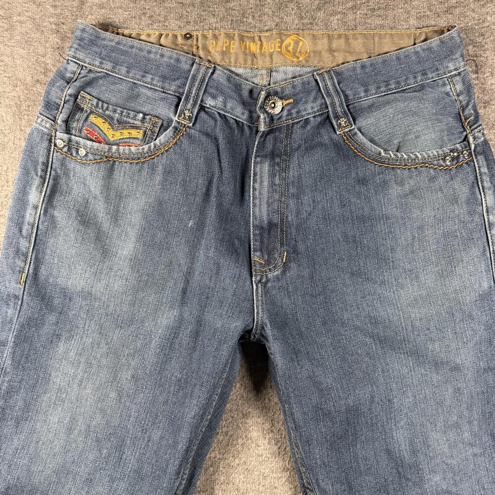 Pepe Vintage Jeans Mens 34x31 Blue Medium Wash Straight Embroidered Y2K Loose